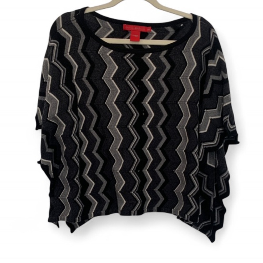 Krimson Klover Gray Black Chevron Print Merino Wool Poncho Sweater